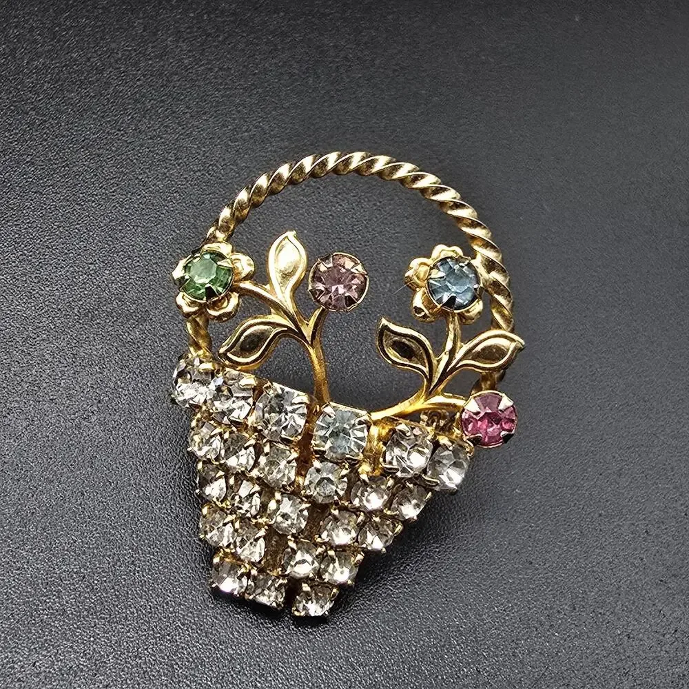 Rhinestone Flower Basket Brooch UV Glow Vintage Costume Jewelry